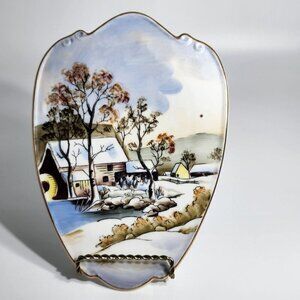 Lefton Hand Painted Wall Plaque Snow Covered House & Trees River No. 588 Vintage